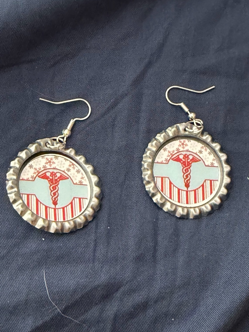 Handcrafted Medical Caduceus Bottle Cap Earrings in Red and Silver